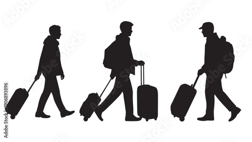 Silhouettes of travelers with rolling suitcases, depicting travel, transit, and adventure in a simple, modern graphic style.