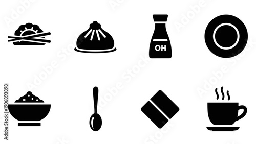 Minimalist icons of asian cuisine: dumplings, soy sauce, and more