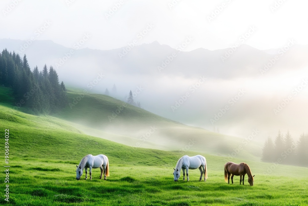 Fototapeta premium Serene dawn over misty hills with grazing horses in lush green pasture