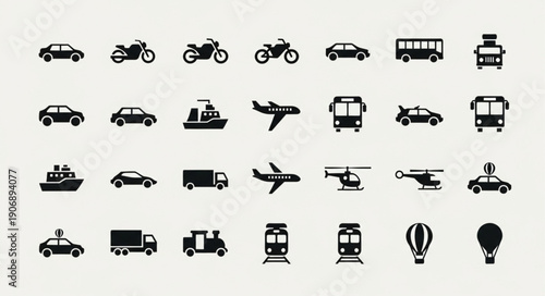 Collection of various transportation vehicle icons on a light background.