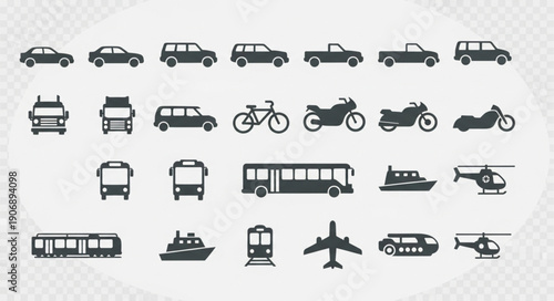 Collection of various transportation vehicle icons on a transparent background.