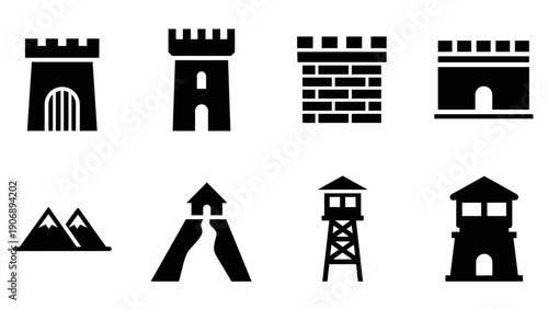Silhouette icons of castles, towers, and mountains