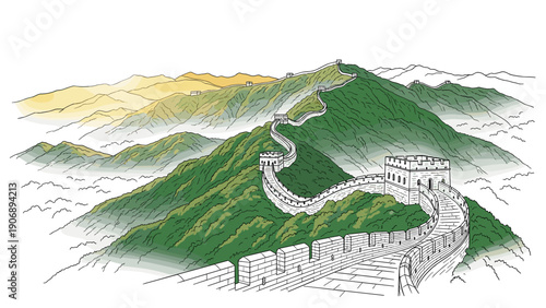 Scenic view of the great wall of china at sunrise with lush green mountains