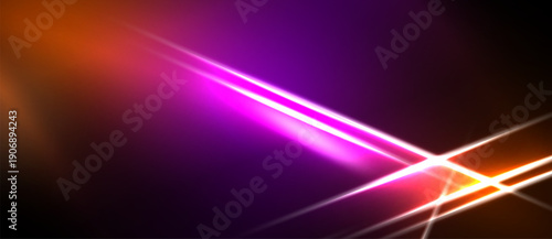Abstract background features vibrant orange, purple light streaks. Diagonal lines intersect creating dynamic visual effect. Dark areas frame bright colors.