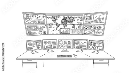 Linear control room with multiple monitors displaying global data and analytics
