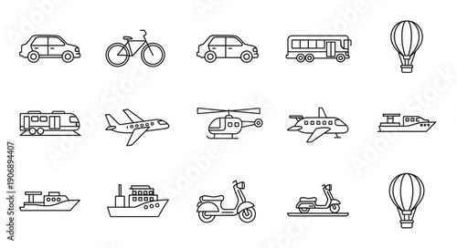 Collection of various transportation vehicles and modes of travel.