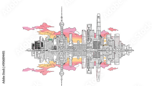 Modern cityscape with symmetrical reflection and vibrant sunset sky