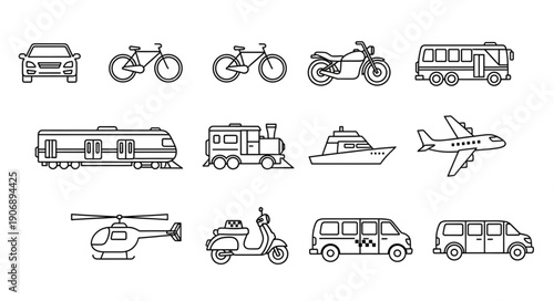 Collection of various transportation vehicles and modes of travel.