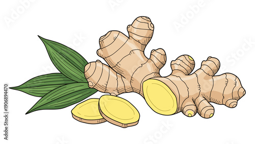Hand drawn ginger root with leaves and slices on white background