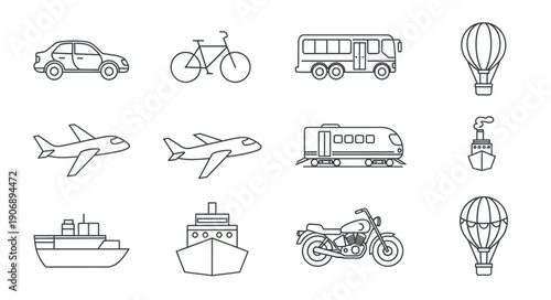Collection of various transportation vehicles and modes of travel.