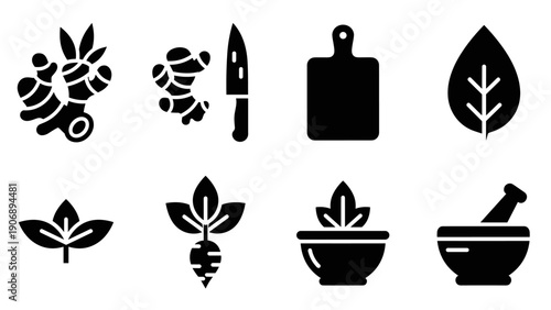 Herbal icons: silhouette collection of herbs, spices, and kitchen tools