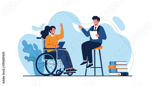 Inclusive office meeting vector illustration featuring a woman in a wheelchair and a male colleague discussing documents in a modern workspace