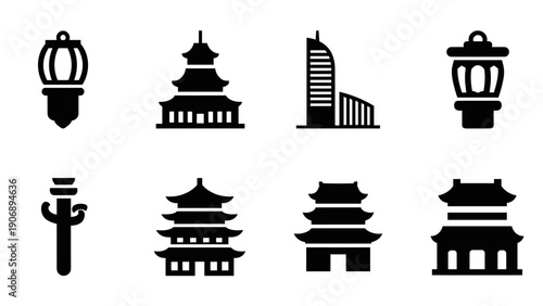 Stylized landmark silhouettes with pagodas and lanterns