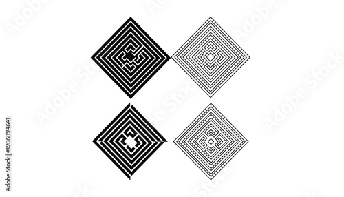 Set of four geometric square maze patterns with concentric lines and optical illusion effects in black and white for modern minimalist design