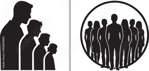 Two black and white vector icons representing human connection: a profile silhouette of four people of varying heights and a circular emblem featuring a diverse standing group.