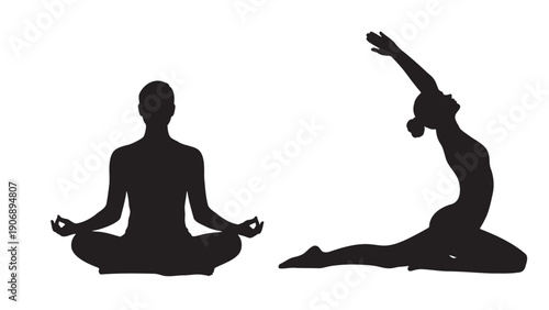 Two silhouettes of people in yoga poses, illustrating fitness, flexibility, and mental well-being in a clean, minimalist style.
