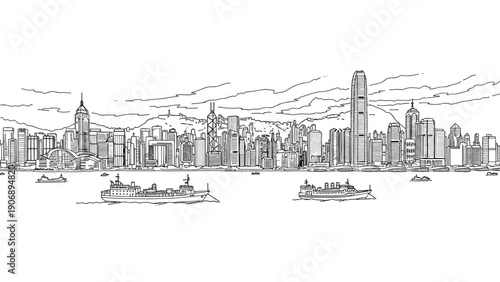 Hong kong skyline with boats on victoria harbour in detailed linear style