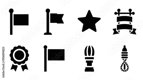 Minimalist black icons set featuring flags, stars, and ribbons