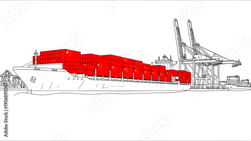 Large container ship docked at port with cranes and cargo boxes in minimalist style