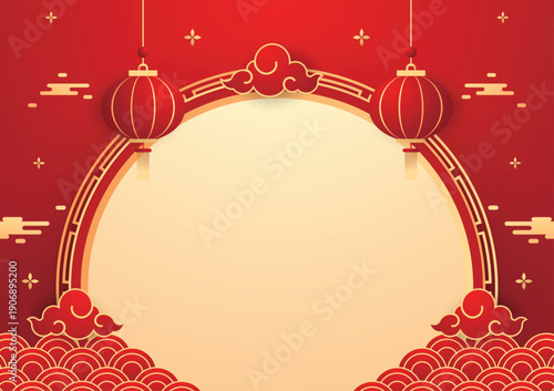 Happy Chinese new year 2026. Chinese new year banner for show product. Greeting card. China frame with lantern on red background.