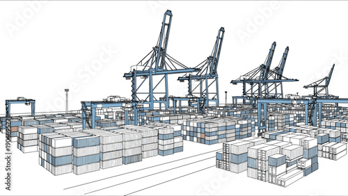 Isometric cargo port with shipping containers and cranes in blue tones