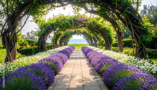 Floral garden path arches towards ocean, lavender & white flowers line the way