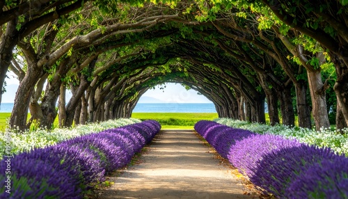 Tunnel of trees & lavender. Pathway to ocean, sunlight, scenic, tranquil
