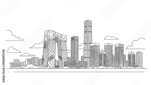 Modern urban cityscape with iconic skyscrapers in linear style