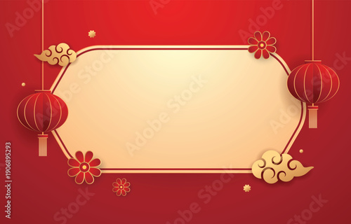 Happy Chinese new year 2026. Chinese new year banner for show product. Greeting card. China frame with lantern on red background.