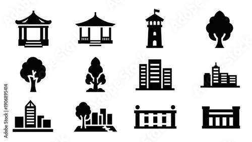 Silhouette icon set of buildings and trees for urban and natural landscapes