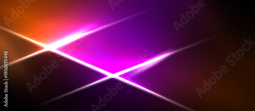 Bright abstract light streaks intersect. Vivid purple, orange hues dominate dark background. Energetic visual effect.