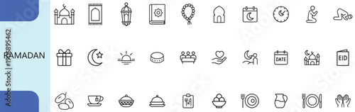 Ramadan Kareem and Islamic culture line icon set vector design