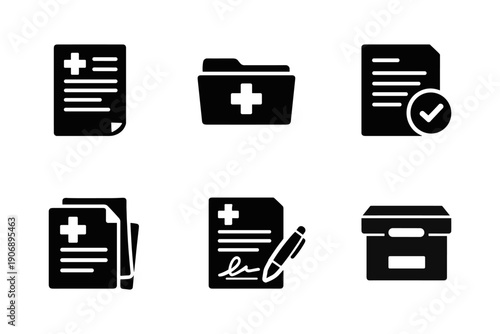Medical records and documentation icons set. Healthcare files, consent forms, and archive storage vector illustration