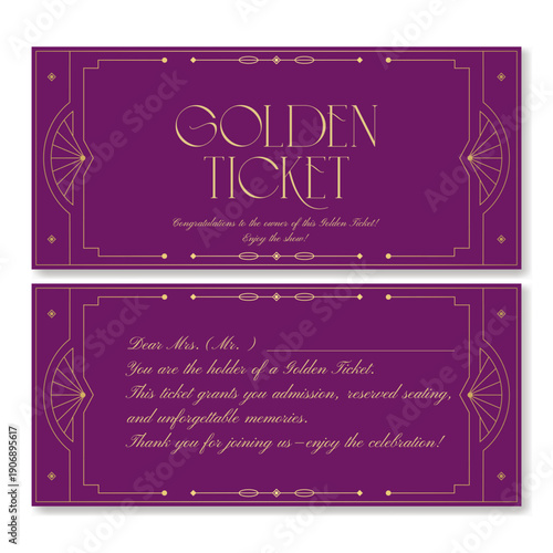 Golden ticket in purple, front and back sides. Premium vector ticket template for gala events. Can be used for web and print. ​​Just add your text.