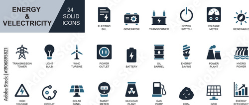 Energy and electricity line icons. Featuring battery, solar, wind, plug, power, circuit, and voltage tools. Ideal for UI, apps, infographics, web, and green tech designs.