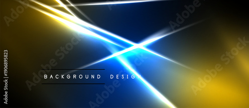 Abstract background features bright lines, vibrant blue, gold hues. Modern design with dynamic light effects, dark space.