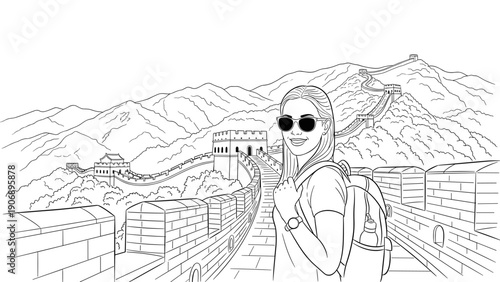 Tourist traveling along the great wall of china in linear black and white art design