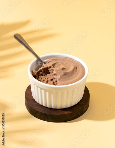 Artisan Chocolate Pudding in Ribbed Ramekin with Spoon
