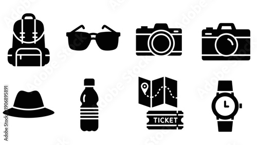 Travel essentials silhouette icons featuring backpack, camera, map, and more