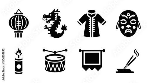 Traditional chinese symbols: dragon, lantern, opera mask, and cultural icons collection