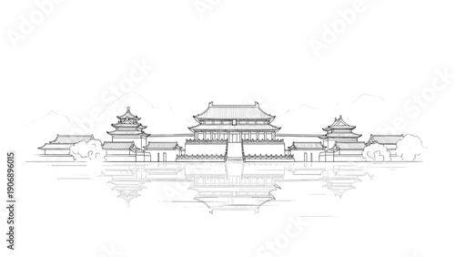 Elegant linear drawing of traditional chinese palace with mountain reflection