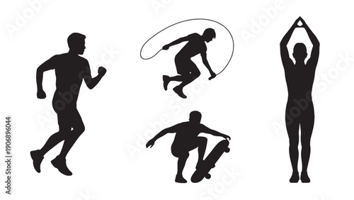 Silhouette collection of diverse people engaged in various sports and fitness activities, including running, jumping rope, skateboarding, and yoga poses. Black on white.