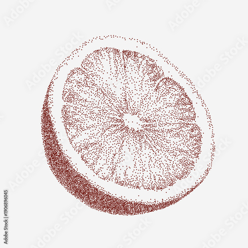 Red orange illustration with coarse grain, stippled dust, faint scratches, layered ink shading and worn vintage paper with subtle textured imperfections.