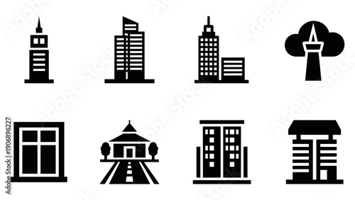 Modern building silhouettes: urban skyscraper and architecture icons collection