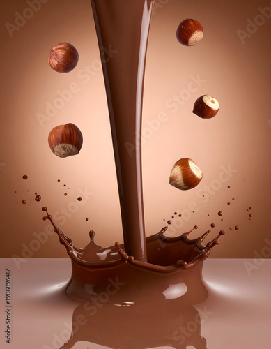Chocolate Splash with Falling Hazelnuts and Droplets
