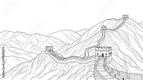 Great wall of china in detailed line art with mountainous background