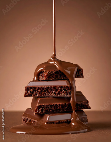 Melted Chocolate Pouring Over Stacked Dark Chocolate Chunks

