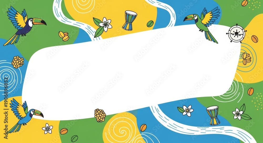 Naklejka premium Brazilian theme banner with toucans and coffee beans. Vibrant country tourism vector illustration and design element template.