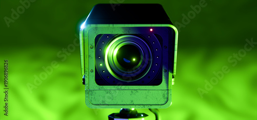 Tableau sur toile Camera Close-Up Showing Lens and Body in Green Lit Background