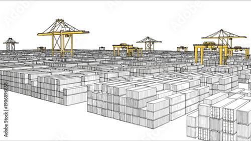Isometric container port with detailed cargo and industrial cranes in modern design